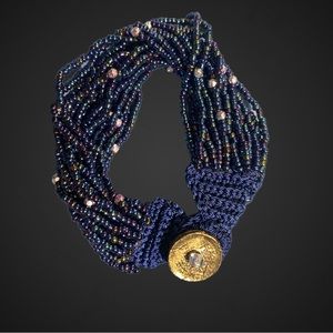 Midnight Blue Crochet Bracelet with iridescent bead strands & I Ching Coin Clasp